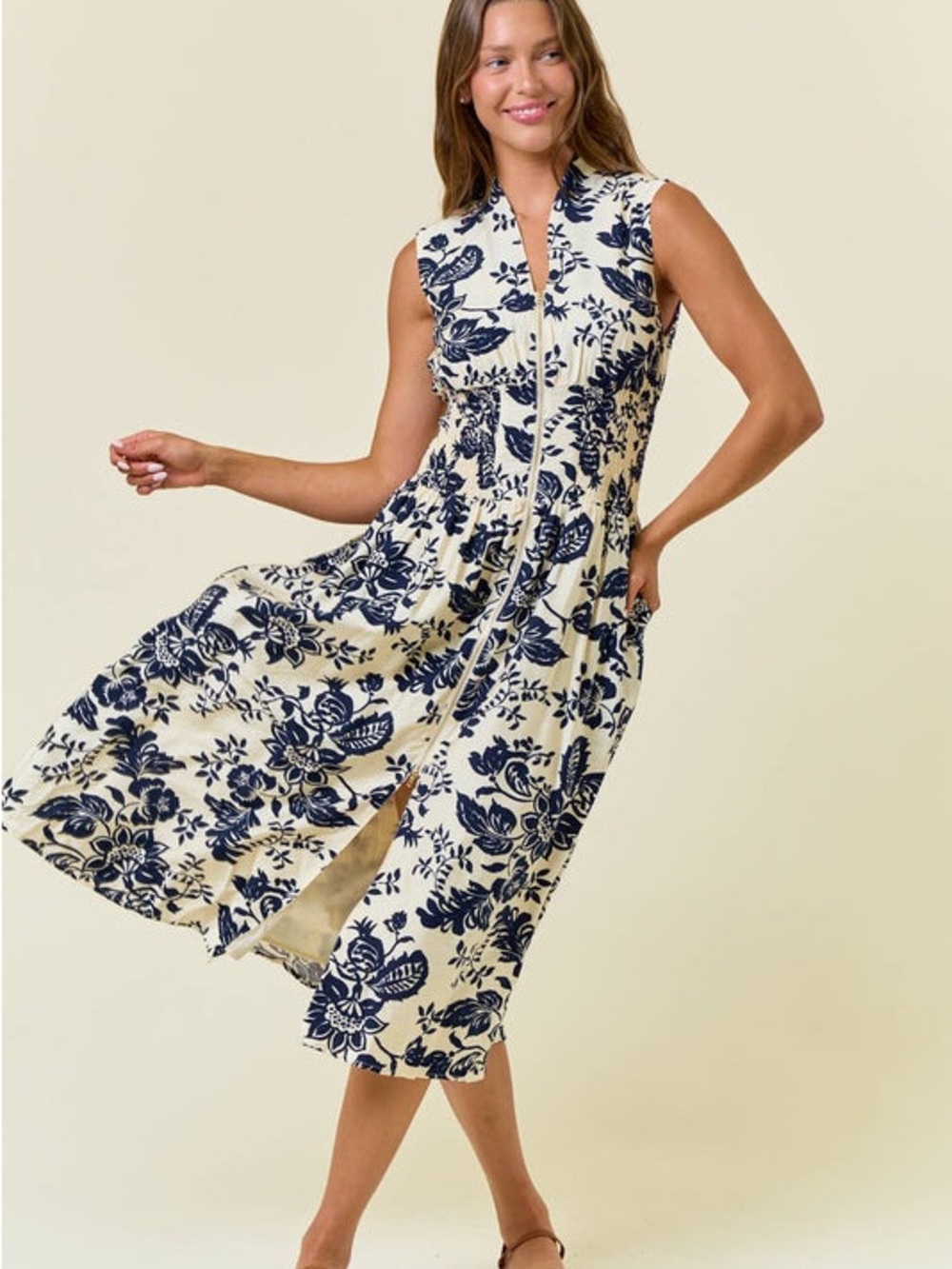 Sleeveless Cream and Navy Floral Midi Dress